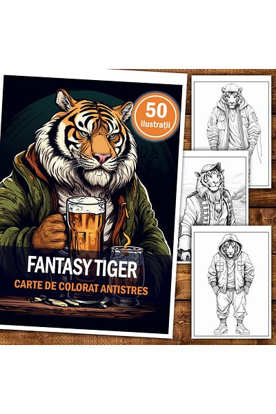 Legendary Gifts Antistress Coloring Book, 50 Fantasy Tiger Illustrations, 106 Pages, Format: A5