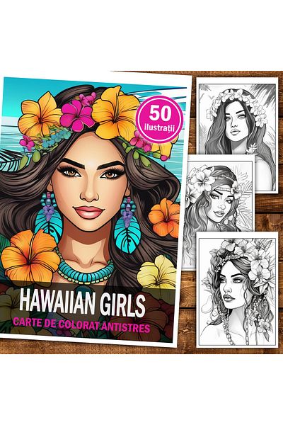 Legendary Gifts Anti-stress Coloring Book, 50 Illustrations, Hawaiian Girls, 106 Pages, Format: A5
