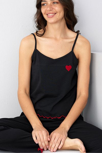 Siyah İnci Black Heart Embroidered Rope Strap Knitted Pajama Set7883