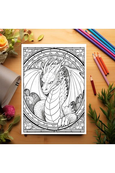 Legendary Gifts Coloring Book, 50 Illustrations, Stained Glass With Dragons - Volume I, 106 Pages, Format: A5