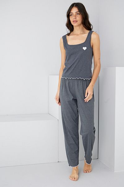 Siyah İnci Anthracite Heart Embroidered Thick Strap Knitted Pajama Set7884