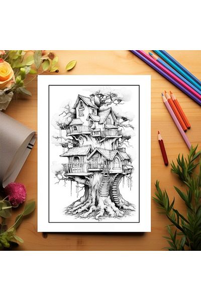 Legendary Gifts Adult Coloring Book, 50 Illustrations, Tree Houses, 106 Pages, Format: A5
