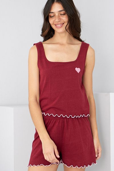 Siyah İnci Set pantaloni scurți tricotați cu curea groasă brodate inimă burgundy7882