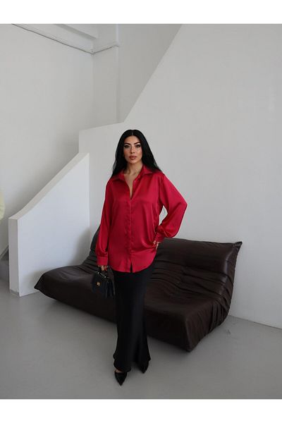 Appleline Cămașă de damă, clasică, cu guler din satin, ROȘU MAT