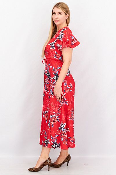 French Connection Women Floral Print Side Slit Midi Casual Dress, Red Combo