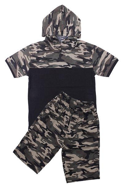 FYK KİDS Boy's Hooded Camouflage Patterned Capri-Sweatshirt Bottom Top Set