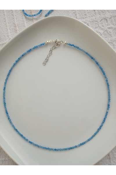 Mudita Tasarım 2 mm küre kesim gerçek doğal mavi dantelli akik kolye