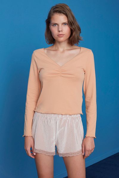 Penti Beige Gather Detailed Long Sleeve T-Shirt Pajama Top
