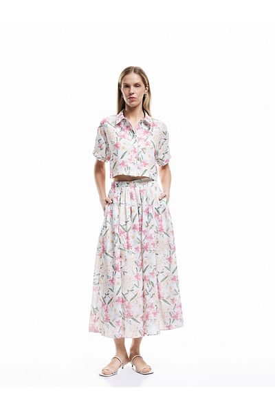 Koton Pleated Detailed High Waist Midi Flared Floral Skirt
