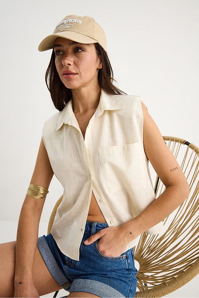 Bianco Lucci Women's Padded Thick Strap Linen Textured Cotton Shirt G28-4912 60283351
