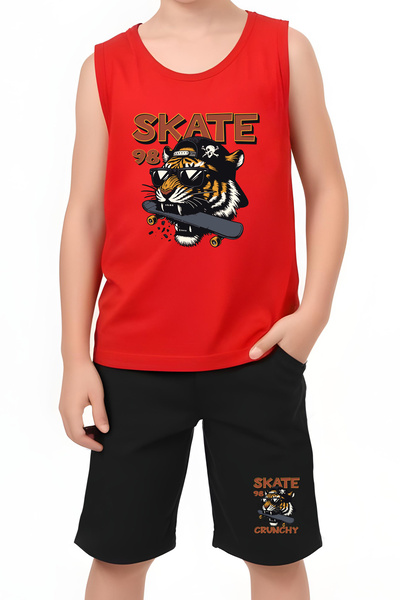 FYK KİDS Boy's Printed Zero Sleeve Skate Crunch Top-Bottom Suit