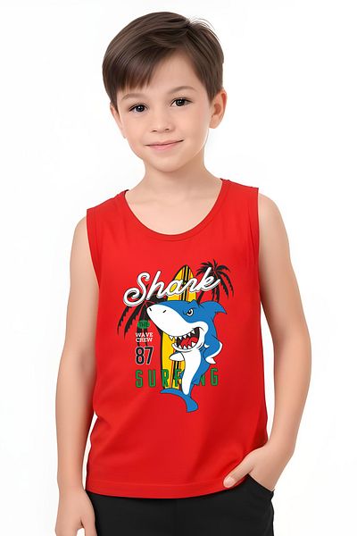 FYK KİDS Boy's Printed Zero Sleeve Shark Surfing Top-Bottom Suit