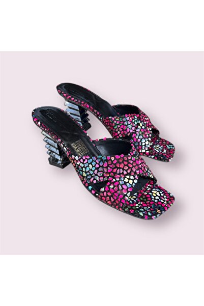 İpek ipek kadın puantiyeli fuşya siyah şeffaf topuklu terlik