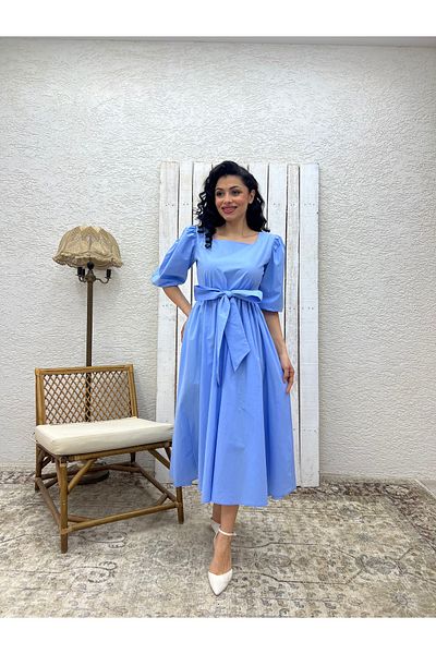 KÜÇÜĞÜM BUTİK Baby Blue Big Bow Square Neck Flared Poplin Dress