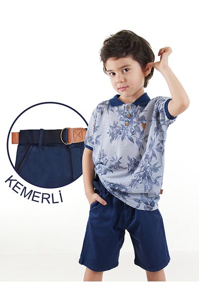 Midimod 3-teiliges Set für Jungen, Polokragen, T-Shirt, Shorts, Gürtel