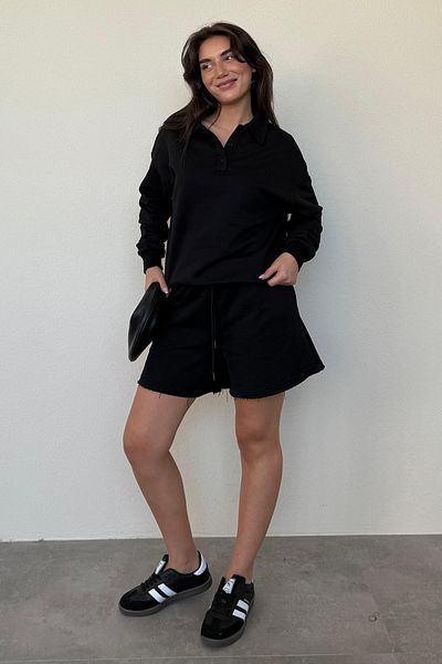 Madmext Black Polo Neck Women's Shorts Sweatshirt Set Mg2375