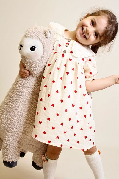 MODANINO Girl's Muslin Fabric Heart Patterned and Collar Detailed Dress 4-10 Years 12239