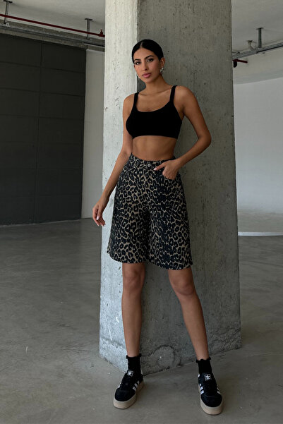 Maule Mintás 100% pamut magas derekú Gabardine None Denim 5 zsebes női bermuda rövidnadrág @udine