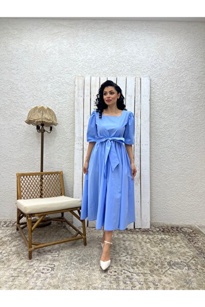 KÜÇÜĞÜM BUTİK Baby Blue Μεγάλο Φιόγκο Τετράγωνο Γιακά Φόρεμα Ποπλίνα