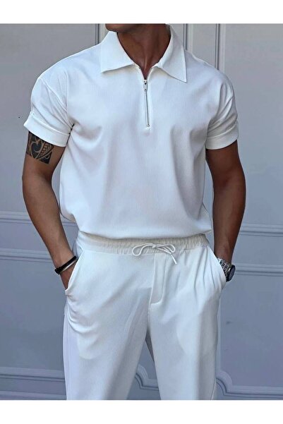 tetramoda Set of 2 Ribbed Half-Zip Polo Neck T-Shirt and Baggy Pants