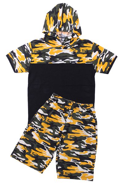 FYK KİDS Boy's Hooded Camouflage Patterned Capri-Sweatshirt Bottom Top Set
