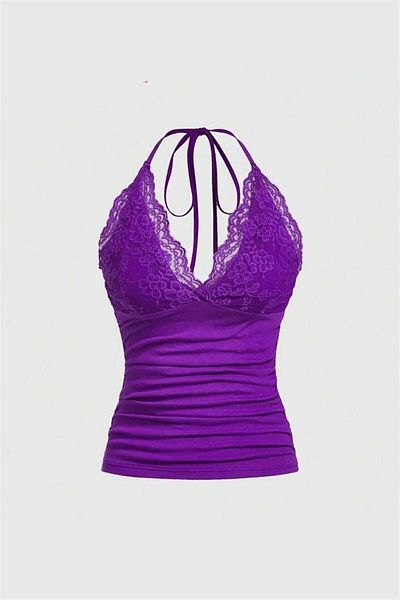 Karakedi Purple Lace Tie-Up Y2K Strap Crop