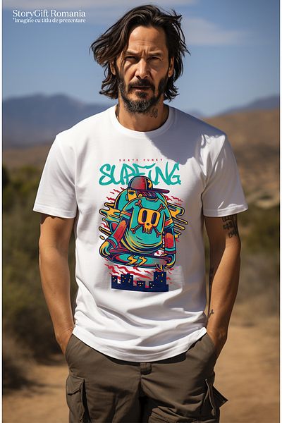 StoryGift Romania Tricou bărbătesc cu text în engleză, surfing boy on skateboard skull tricou, Sstg