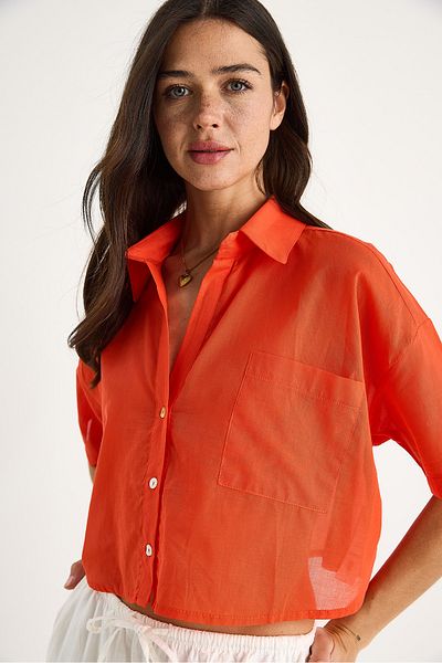 Bianco Lucci Women's V-Neck Single Pocket Detailed Short Cotton Linen Summer Shirt 232-2043 60283347