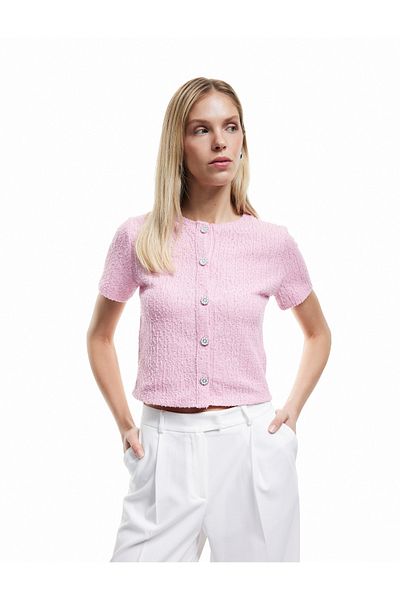 Koton Textured Button Short Sleeve Crew Neck Cardigan