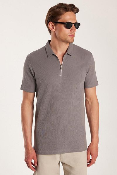 Tudors Men's Slim Fit Slim Fit 100% Cotton Zippered Gray Polo Neck T-Shirt