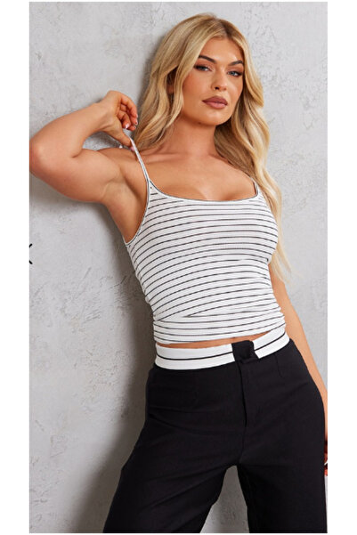 MOVİMENT Women's White Striped Slim Strap Tank Top