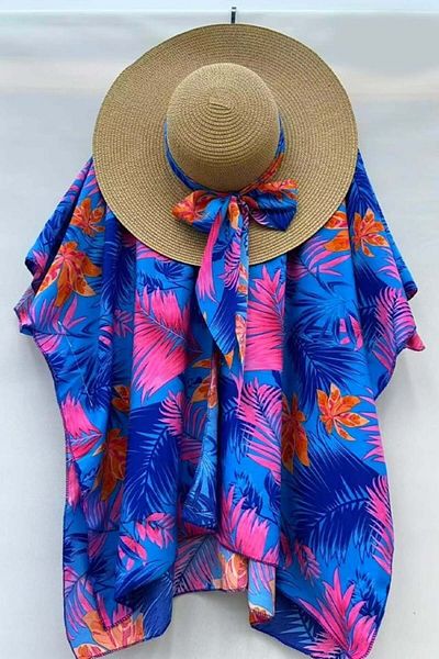 FashionForYou Set de plajă SAMY, tunică și pălărie accesorizate cu eșarfă, Bleu Jungle, mărimea S/M
