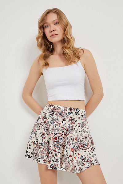 Arma Life Fusta mini scurtă ecru cu model pentru femei, cu talie elastică
