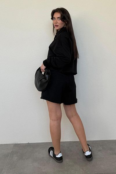 Madmext Black Polo Neck Women's Shorts Sweatshirt Set Mg2375