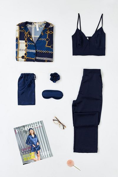 FOR YOU MODA Σετ 6 πουκάμισα με σατέν αλυσίδα με μπούστο Navy Blue Bottom Top