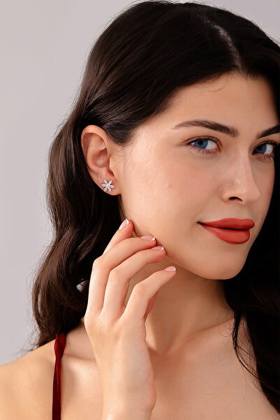 Lucente Jewellery Özel Hediye Kutulu 925 Ayar Gümüş Kaplama Çiçekli Küpe Beyaz Taşlı Lotus Çiçeği Küpesi