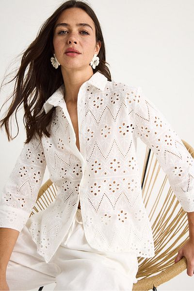 Bianco Lucci Women's Scallop Embroidered Openwork Fit Shirt 2049 60283345