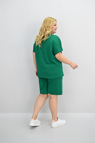 Koza Butik Women's Plus Size Short Sleeve Label Detailed Shorts Set 8194-25