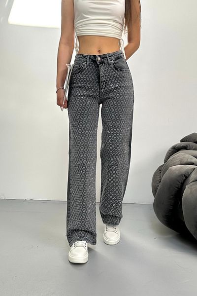 BİKELİFE Women's Smoked High Waist Mini Diamond Stone Lycra Straight Jeans