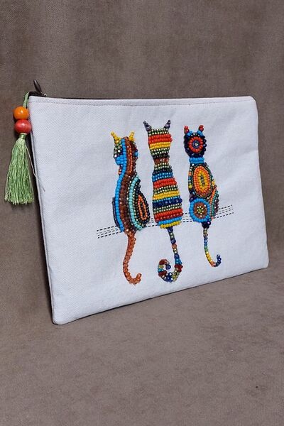 Uretti - Sümeyya 2589 1714 Ручна робота Етнічний візерунок з котиками, вишитий бісером - Зелена сумочка з китицями