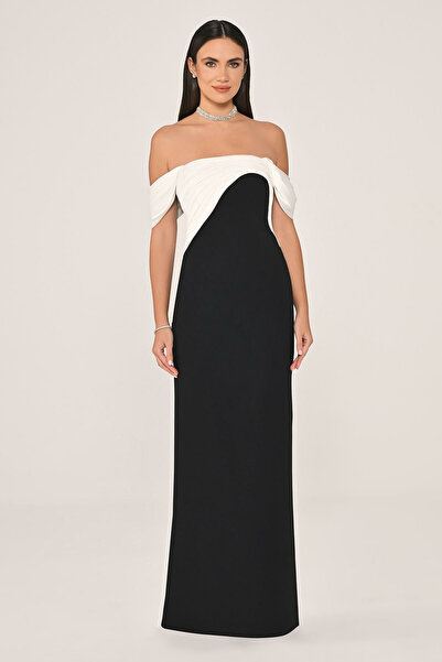 ALFABETA فستان سهرة طويل من ألفا بيتا مكشوف الكتفين من الساتان