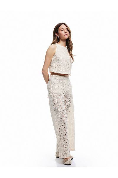 Koton Cotton Half Lined Openwork Zippered Crochet Long Pants