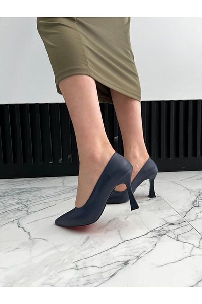 MRVN MERVINA Luna Model Pointed Toe Daily Use Heeled Shoes Matte Navy Blue