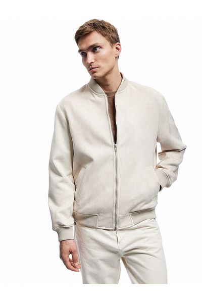 Koton College Collar Pocket Detailed Long Sleeve Faux Suede Bomber Jacket