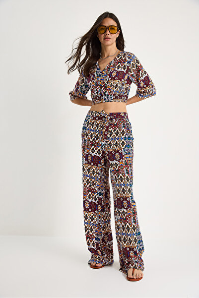 Bianco Lucci Women's Patterned Crop Blouse Trousers Set 3052 60283353