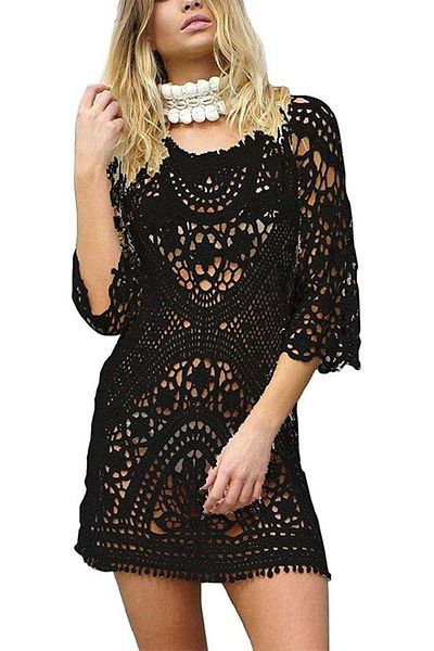 FashionForYou Rochie scurtă de plajă Solva, aspect croșetat cu mâneci trei sferturi, NEGRU, Mărime S/M, Mărime universală S/M