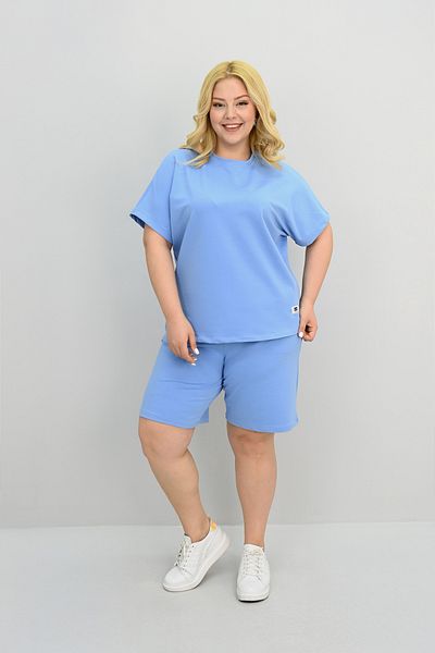 Koza Butik Women's Plus Size Short Sleeve Label Detailed Shorts Set 8194-25