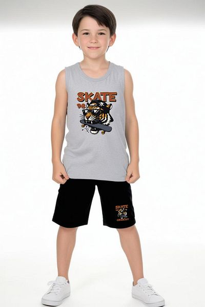 FYK KİDS Boy's Printed Zero Sleeve Skate Crunch Top-Bottom Suit