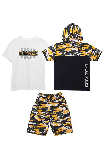 FYK KİDS Boy's 3-Piece Camouflage Patterned Capri-Printed T-Shirt - Camouflage Patterned Sweatshirt Bottom Top Set