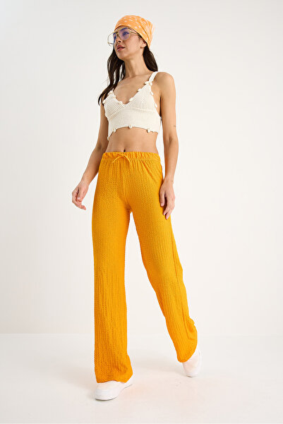 Bianco Lucci Women's Elastic Waist Tie Detailed Relaxed Cut Summer Seersucker Trousers 2234 60283348